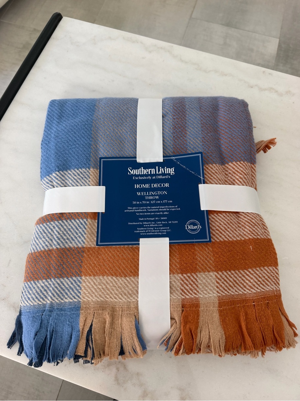 Southern Living Wellington Plaid Fringe Throw - Blue, Orange & Tan